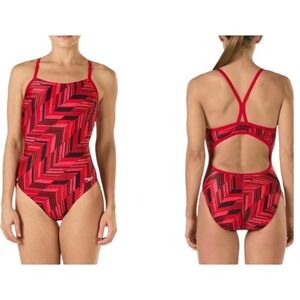 Speedo Endurance+ Angles Free Back One Piece Swimsuit Red Black Chevron Size 28‎